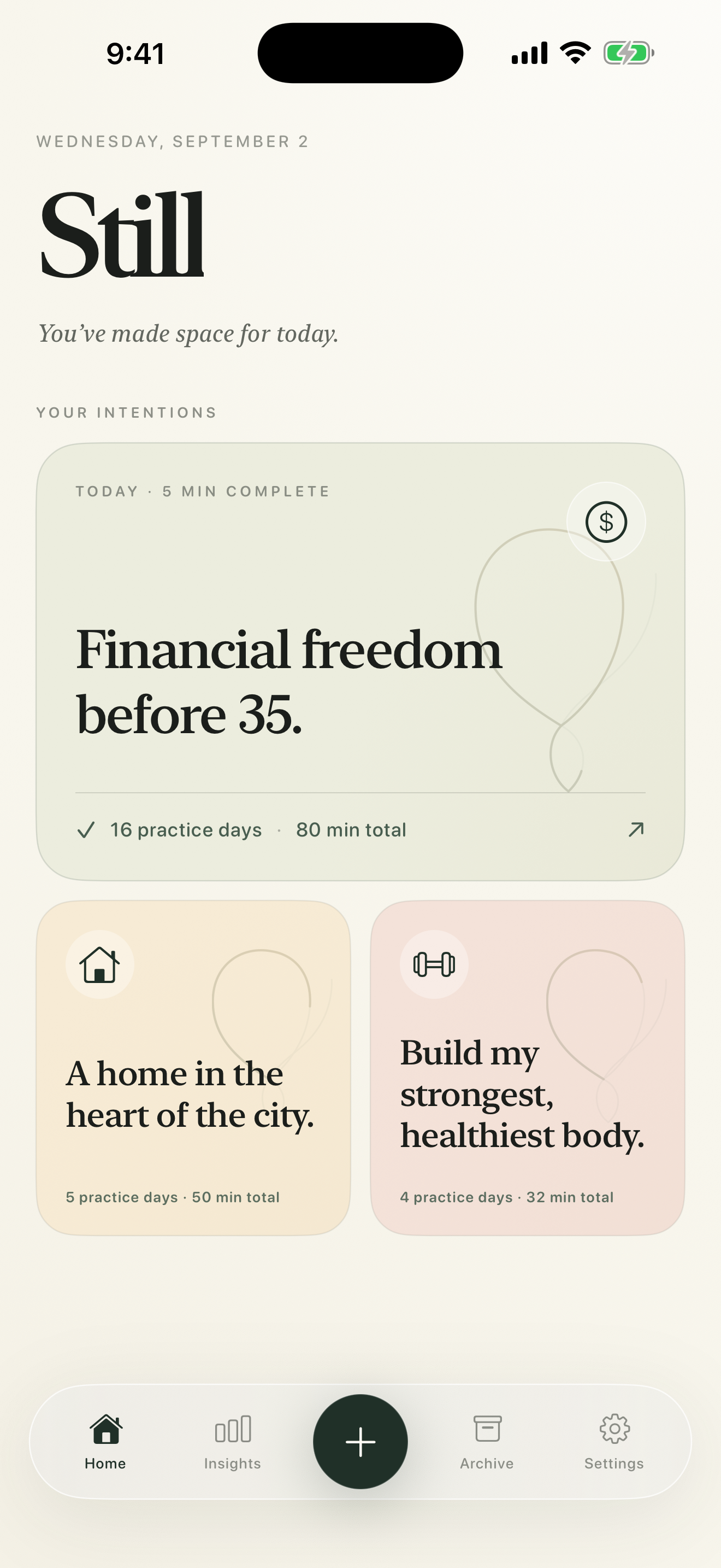 Still home screen with three personal intentions